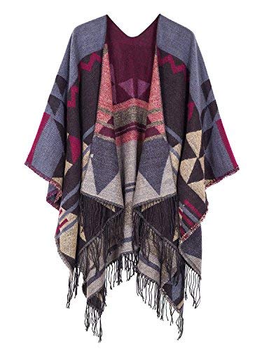 Urban GoCo Damen Poncho Stola Bohe Quaste Schal (#2 weinrot) von Urban GoCo