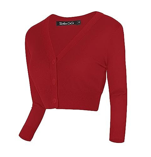 Urban GoCo Damen V-Ausschnitt Kurz-Strickweste Strickjacke 3/4 Ärmel (M, rot) von Urban GoCo