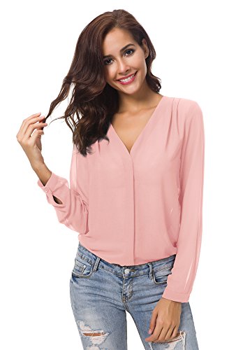 Urbancoco Damen V-Ausschnitt gekräuselten Schulter Langarm Lose Chiffon Blusen (M, rosa) von Urban GoCo