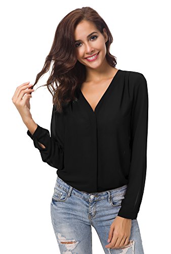 Urbancoco Damen V-Ausschnitt gekräuselten Schulter Langarm Lose Chiffon Blusen (S, schwarz) von Urban GoCo