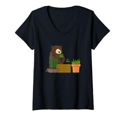 Damen Lustiger Bär Urban Gardening Cartoon Design T-Shirt mit V-Ausschnitt Damen Lustiger Bär Urban Gardening Cartoon Design T-Shirt mit V-Ausschnitt von Urban Green Animals - Bear Edition