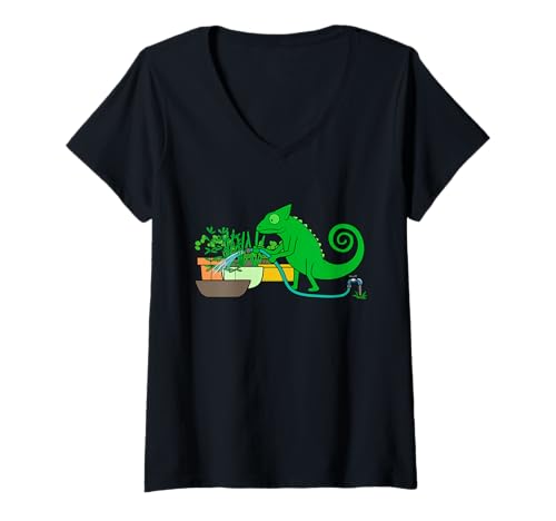 Damen Lustiges Chamäleon Urban Gardening Cartoon-Design T-Shirt mit V-Ausschnitt Damen Lustiges Chamäleon Urban Gardening Cartoon-Design T-Shirt mit V-Ausschnitt von Urban Green Animals - Chameleon Edition