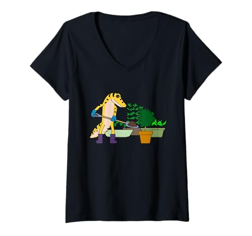 Damen Lustiges Gecko Urban Gardening Cartoon-Design T-Shirt mit V-Ausschnitt Damen Lustiges Gecko Urban Gardening Cartoon-Design T-Shirt mit V-Ausschnitt von Urban Green Animals - Gecko Edition