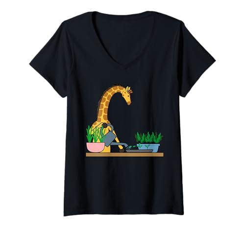Damen Lustige Giraffe Urban Gardening Cartoon Design T-Shirt mit V-Ausschnitt von Urban Green Animals - Giraffe Edition