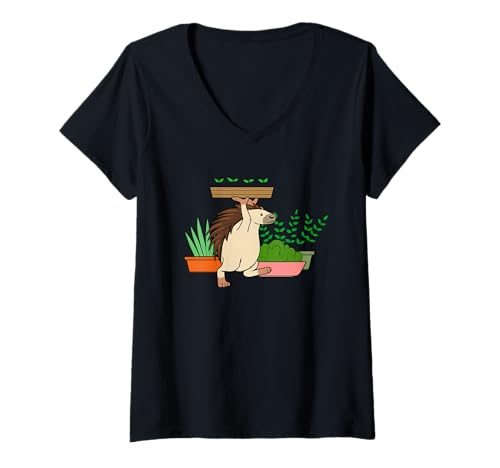 Damen Lustiger Igel Urban Gardening Cartoon Design T-Shirt mit V-Ausschnitt Damen Lustiger Igel Urban Gardening Cartoon Design T-Shirt mit V-Ausschnitt von Urban Green Animals - Hedgehog Edition