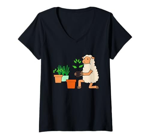 Damen Lustiges Lamm Urban Gardening Cartoon Design T-Shirt mit V-Ausschnitt von Urban Green Animals - Lamb Edition