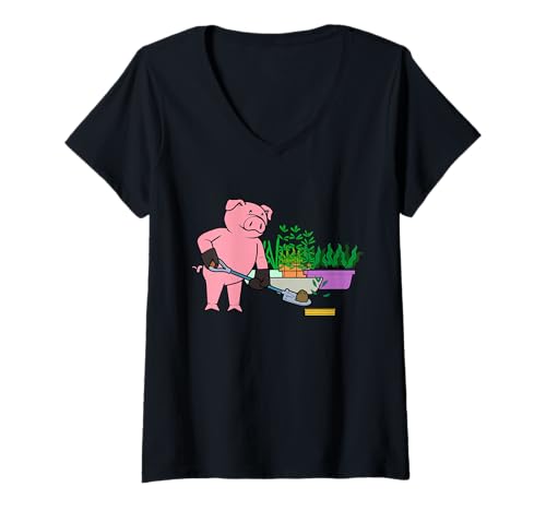 Damen Lustiges Schwein, Urban Gardening Cartoon-Design T-Shirt mit V-Ausschnitt von Urban Green Animals - Pig Edition