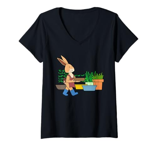Damen Lustiges Kaninchen Urban Gardening Cartoon Design T-Shirt mit V-Ausschnitt von Urban Green Animals - Rabbit Edition