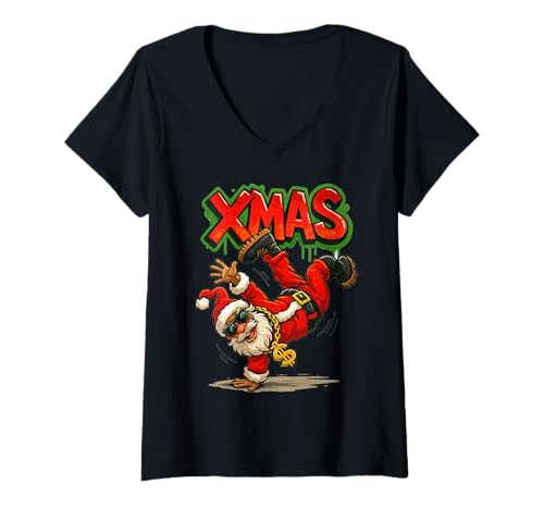 Damen Coole Hip-Hop-Weihnachtsmann-Figur T-Shirt mit V-Ausschnitt Damen Coole Hip-Hop-Weihnachtsmann-Figur T-Shirt mit V-Ausschnitt von Urban HipHop Santa Graffiti Breakdancer Design