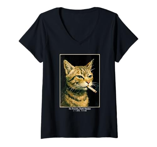 Damen Ästhetische Katze mit Zigarette Streetwear Graphic Art T-Shirt mit V-Ausschnitt Damen Ästhetische Katze mit Zigarette Streetwear Graphic Art T-Shirt mit V-Ausschnitt von Urban Japanese art outfits