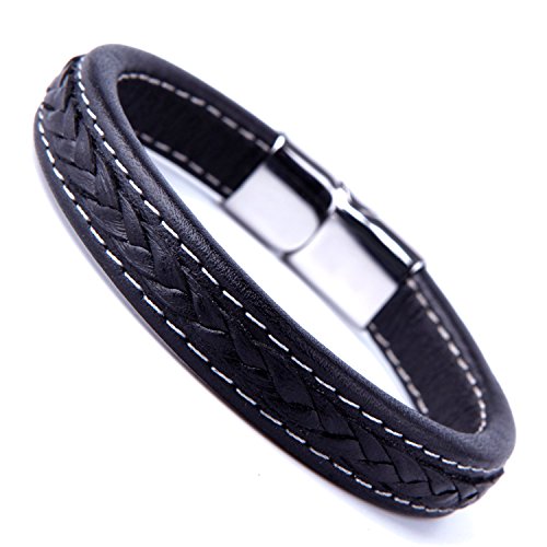 Elegant Schwarz Manschette Echt Leder Armband für Herren mit eleganten 316L Edelstahl Schließe von Urban-Jewelry