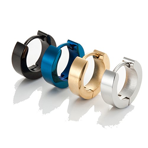 Set mit Herren 316L Edelstahl Klassische Huggie klappbar Ring Ohrringe - Inklusive 4 Paar Ohrringe für Männer - Schwarz, Blau, Gold und Silber Reifen für Männer von Urban-Jewelry