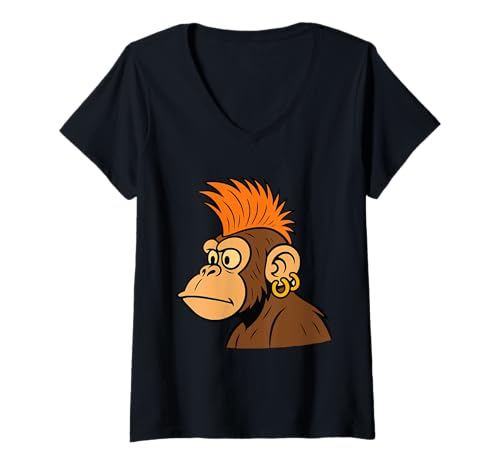 Damen Breitäugiger AFFE mit orangefarbenem Mohawk T-Shirt mit V-Ausschnitt von Urban Jungle Graphics