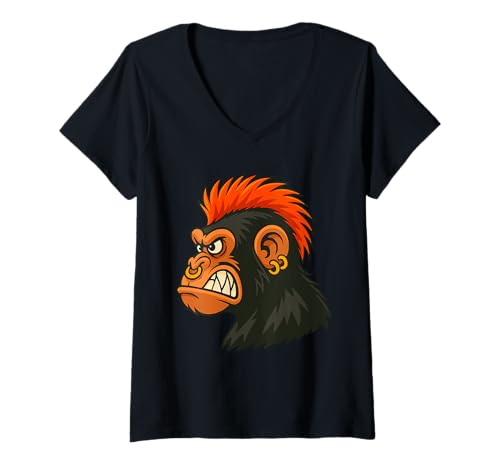 Damen Furious Punk AFFE mit orangefarbenem Mohawk T-Shirt mit V-Ausschnitt von Urban Jungle Graphics