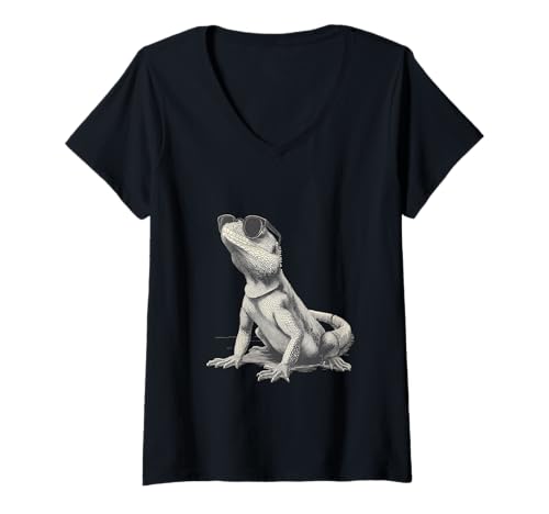 Damen Cooler Leguan in Schatten T-Shirt mit V-Ausschnitt von Urban Jungle Vibes Reptile Artwear