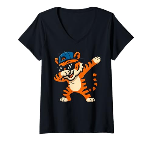 Damen Cooler Tiger Dabbing Cartoon Funny Streetwear T-Shirt mit V-Ausschnitt Damen Cooler Tiger Dabbing Cartoon Funny Streetwear T-Shirt mit V-Ausschnitt von Urban Jungles Retro Vibe