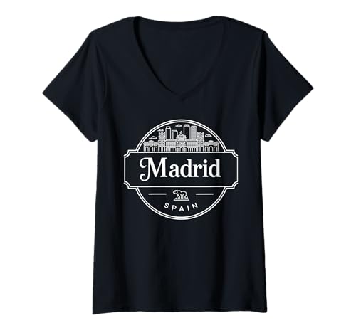 Damen Madrid Skyline und Bär Ikone Elegantes Design T-Shirt mit V-Ausschnitt von Urban Madrid Spain Cityscape Travel Apparel