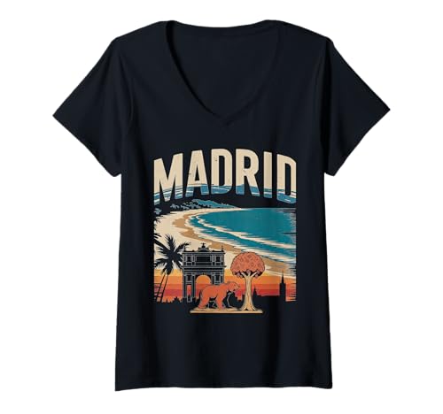 Damen Madrid Skyline und Bär Ikone Elegantes Design T-Shirt mit V-Ausschnitt Damen Madrid Skyline und Bär Ikone Elegantes Design T-Shirt mit V-Ausschnitt von Urban Madrid Spain Cityscape Travel Apparel