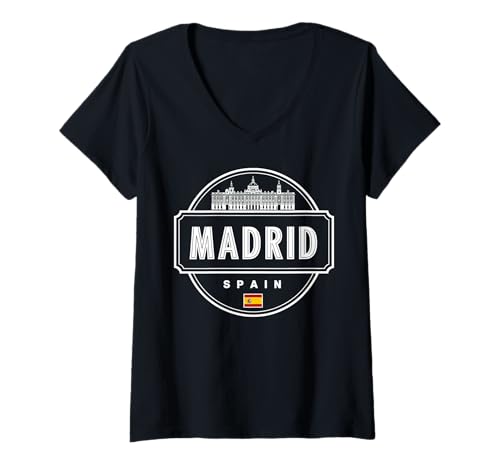 Damen Madrid Skyline und Bär Ikone Elegantes Design T-Shirt mit V-Ausschnitt von Urban Madrid Spain Cityscape Travel Apparel
