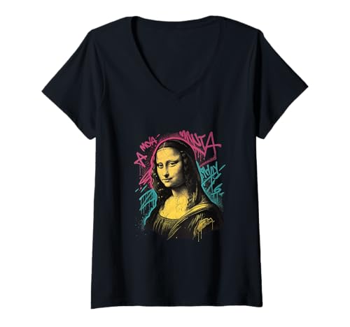Damen Graffiti-Stil Mona Lisa Street Art mit kräftigen Farben T-Shirt mit V-Ausschnitt Damen Graffiti-Stil Mona Lisa Street Art mit kräftigen Farben T-Shirt mit V-Ausschnitt von Urban Masterpiece Co
