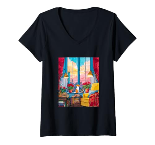 Damen Boston Beagle City Sonnenuntergang Retro Hund Kunst T-Shirt mit V-Ausschnitt von Urban Paw Collective