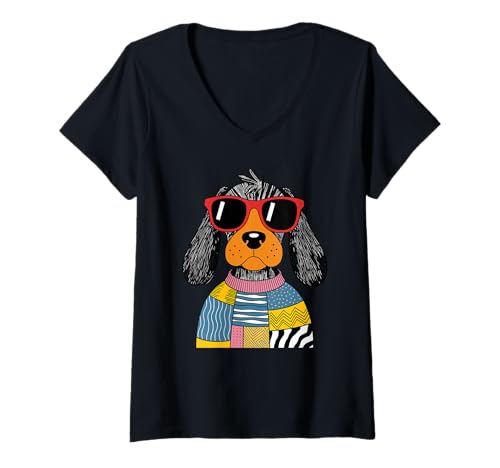 Damen Cooler Hund mit Sonnenbrille Retro Patchwork T-Shirt mit V-Ausschnitt Damen Cooler Hund mit Sonnenbrille Retro Patchwork T-Shirt mit V-Ausschnitt von Urban Paws