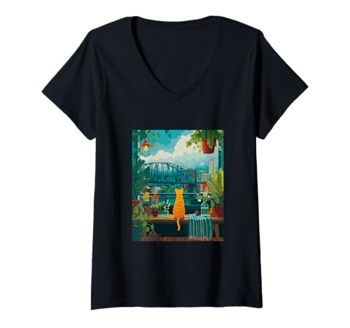 Damen Portland Orange Cat City Sonnenuntergang Kunstwerk T-Shirt mit V-Ausschnitt von Urban Pet City Skylines