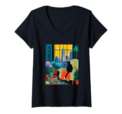 Damen Philadelphia City Skyline Smoking Katze Illustration T-Shirt mit V-Ausschnitt Damen Philadelphia City Skyline Smoking Katze Illustration T-Shirt mit V-Ausschnitt von Urban Pet Skyline Collective