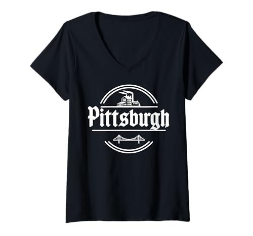 Damen Retro-Sonnenuntergang von Pittsburgh City 1758 T-Shirt mit V-Ausschnitt Damen Retro-Sonnenuntergang von Pittsburgh City 1758 T-Shirt mit V-Ausschnitt von Urban Pittsburgh Travel Cityscape Apparel