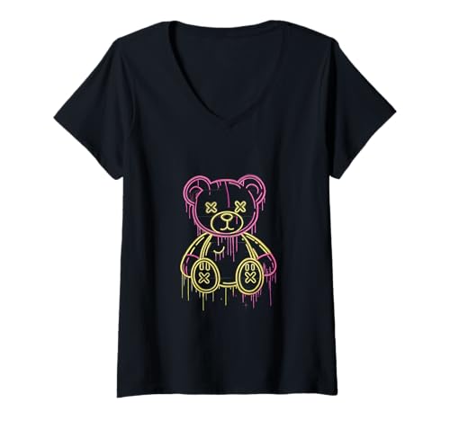 Damen Teddybär Graffiti Street Art Bold Urban Pop Illustration T-Shirt mit V-Ausschnitt Damen Teddybär Graffiti Street Art Bold Urban Pop Illustration T-Shirt mit V-Ausschnitt von Urban Pop Collective