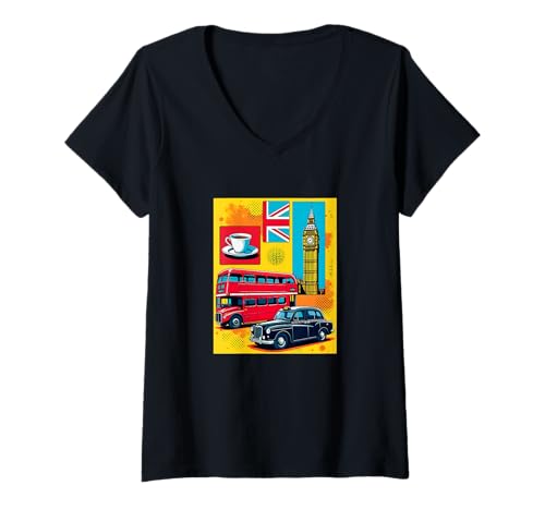 Damen Londoner Pop-Art-Stil im Retro-Stil T-Shirt mit V-Ausschnitt Damen Londoner Pop-Art-Stil im Retro-Stil T-Shirt mit V-Ausschnitt von Urban Pop Travel