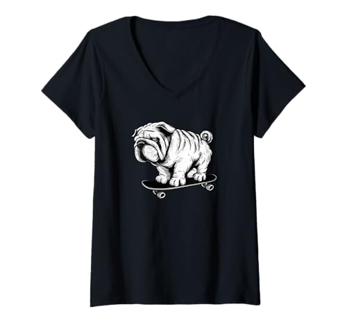 Damen Cooles Mops Skateboarding Street Art Design T-Shirt mit V-Ausschnitt von Urban Pug Skate Designs