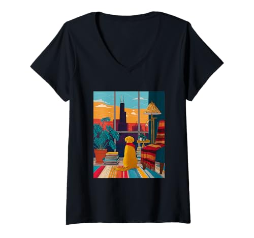 Damen Retriever, Motiv: Chicago City Skyline, Retro-Design T-Shirt mit V-Ausschnitt Damen Retriever, Motiv: Chicago City Skyline, Retro-Design T-Shirt mit V-Ausschnitt von Urban Pup Collective