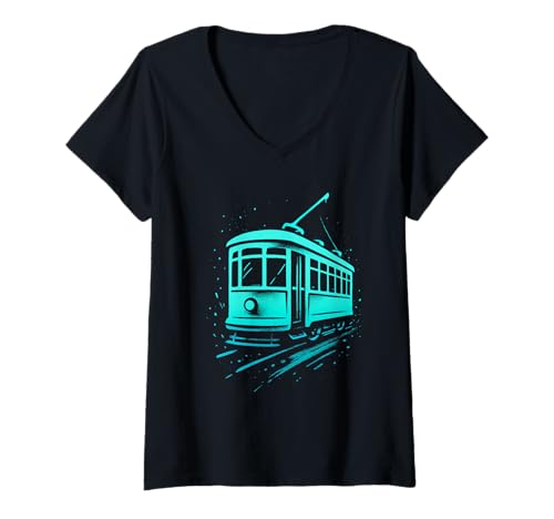 Damen Retro-Straßenbahn, Stadtverkehrskunst T-Shirt mit V-Ausschnitt Damen Retro-Straßenbahn, Stadtverkehrskunst T-Shirt mit V-Ausschnitt von Urban Ride
