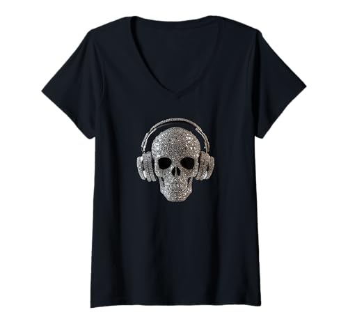 Damen Bling Skull mit Kopfhörern - DJ Music Lover T-Shirt mit V-Ausschnitt von Urban Skull DJ Beats
