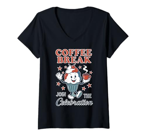 Damen Americana Coffee Break Time Celebration Maskottchen 50er Jahre Vintage T-Shirt mit V-Ausschnitt Damen Americana Coffee Break Time Celebration Maskottchen 50er Jahre Vintage T-Shirt mit V-Ausschnitt von Urban Species