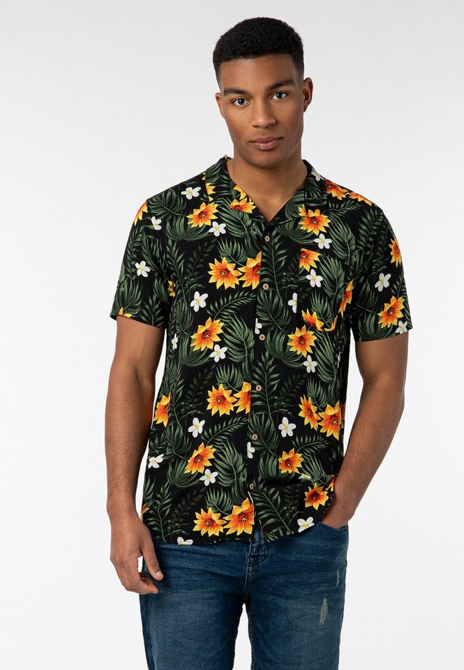 Urban Surface Kurzarmhemd Herren Freizeithemd Allover-Print Tropical Flowers Freizeithemd, Kentkragen, Brusttasche von Urban Surface