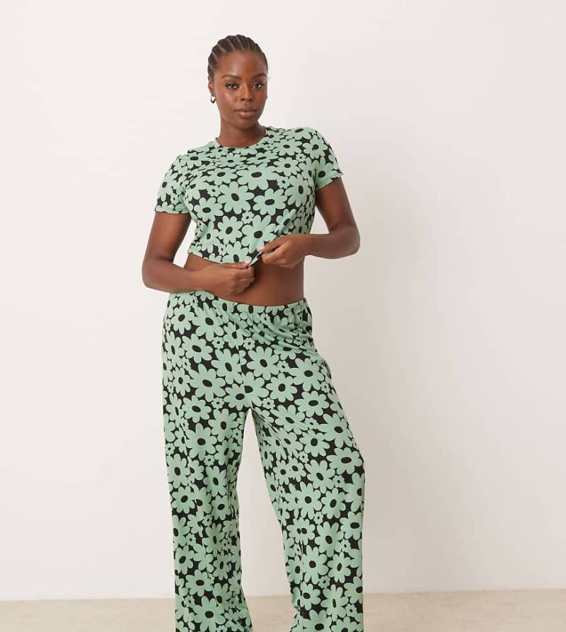 Urban Threads Curve - Pyjama aus Polyester mit Retro-Blumenmuster mit T-Shirt und Hose-Bunt von Urban Threads