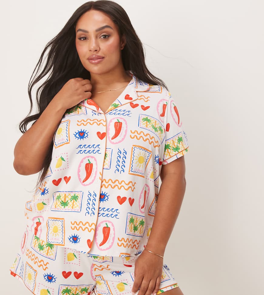 Urban Threads Curve - Pyjama mit Chili- und Palmenprint, aus kurzärmligem Hemd mit Reverskragen und Shorts-Bunt von Urban Threads