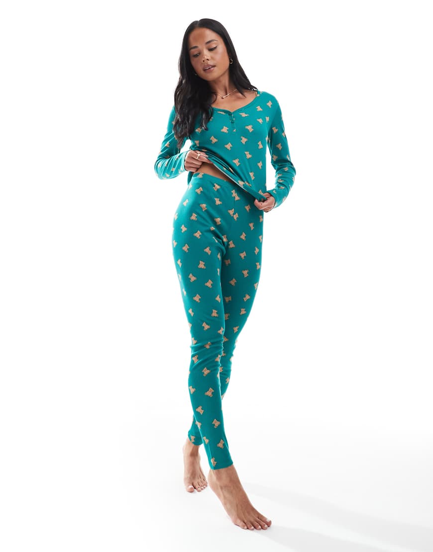 Urban Threads - Gerippte Pyjama-Hose in Petrol mit Teddy-Muster-Blau von Urban Threads