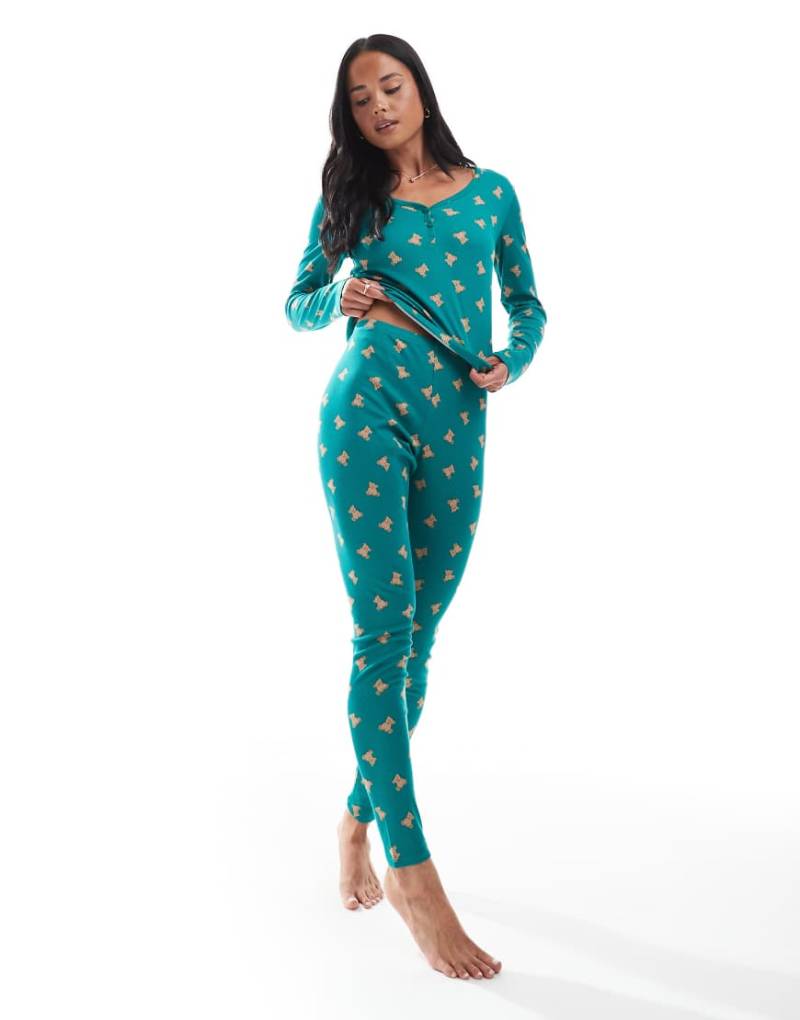 Urban Threads - Gerippte Pyjama-Hose in Petrol mit Teddy-Muster-Blau von Urban Threads