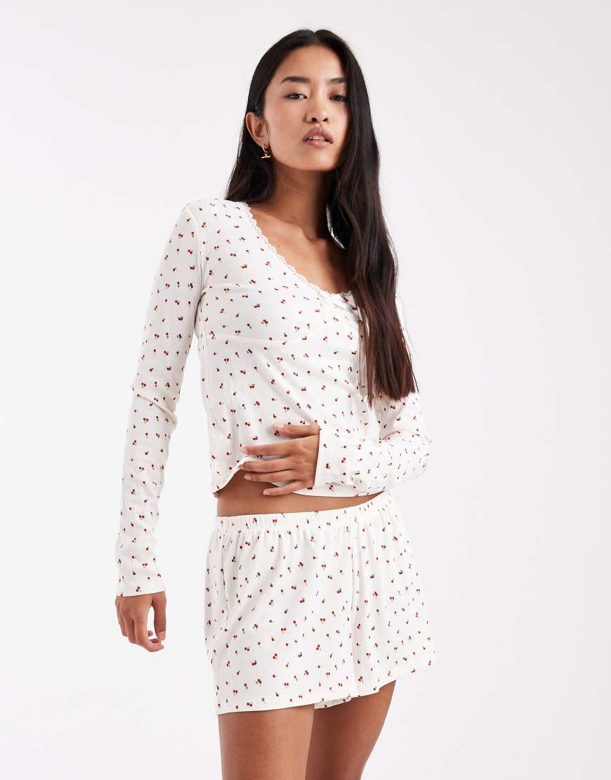 Urban Threads - Gerippte Pyjamashorts in Beige mit Kirschprint-Neutral von Urban Threads