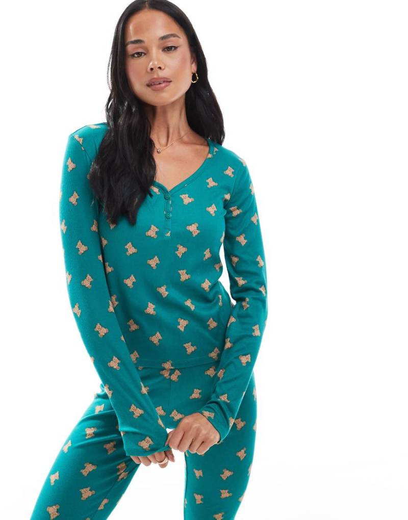 Urban Threads - Geripptes Pyjama-Top in Petrol mit Henley-Ausschnitt und Teddy-Muster-Blau von Urban Threads