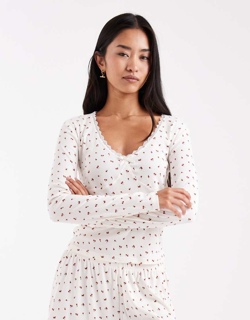 Urban Threads - Langärmliges Pyjama-Oberteil in geripptem Beige mit Ziernaht und Kirschmuster-Neutral von Urban Threads