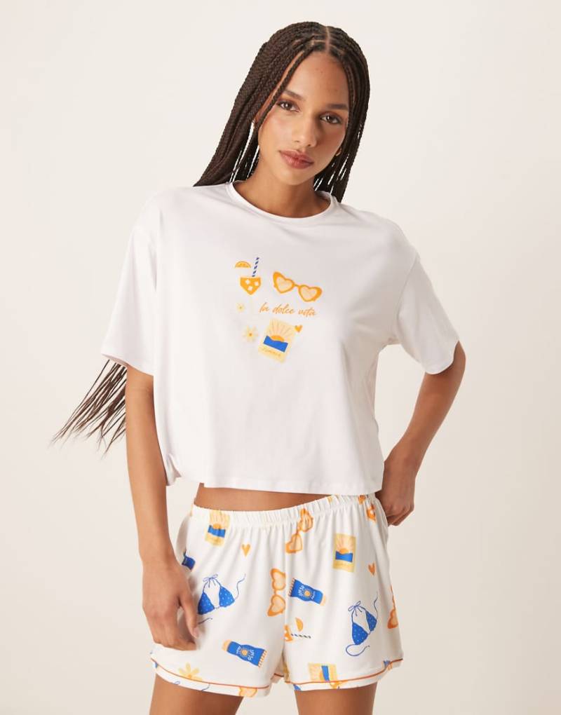Urban Threads - Oversize Cropped-T-Shirt mit „La dolce vita"-Print, Kombiteil-Bunt von Urban Threads