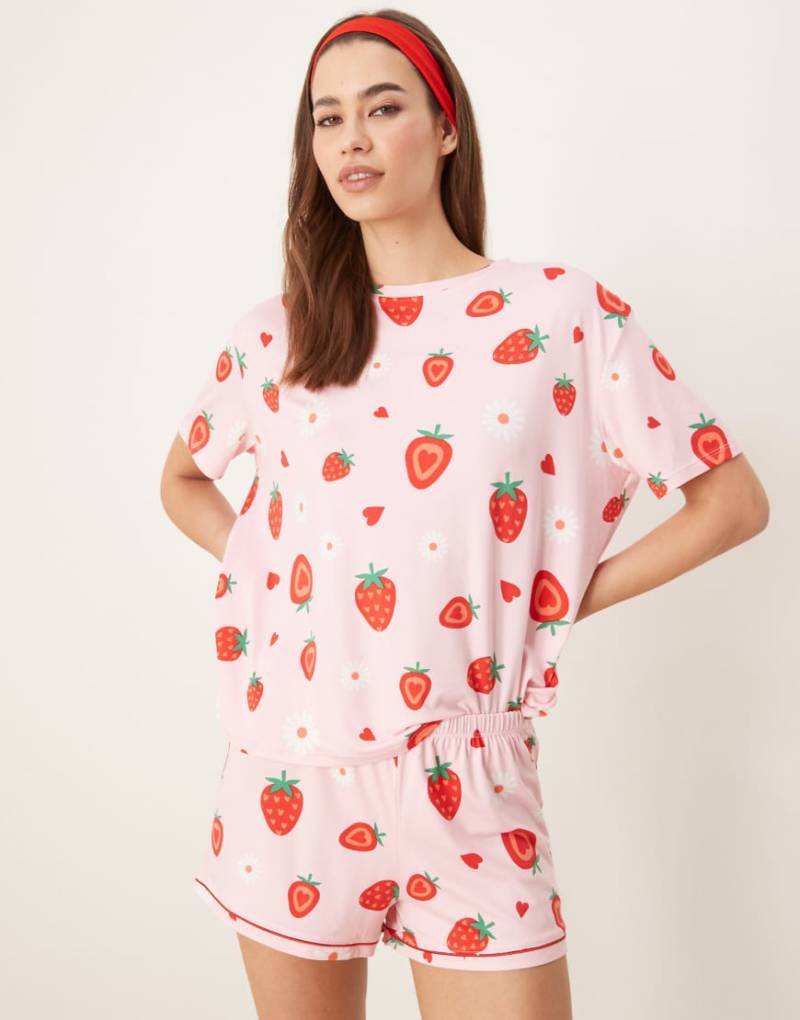 Urban Threads - Oversize-Pyjama mit Oberteil und Shorts mit Erdbeermuster-Bunt von Urban Threads