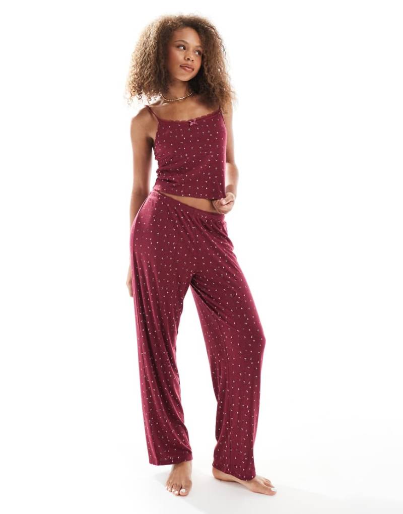Urban Threads - Pyjama-Hose aus Pointelle in Burgunderrot mit Blumenmuster von Urban Threads