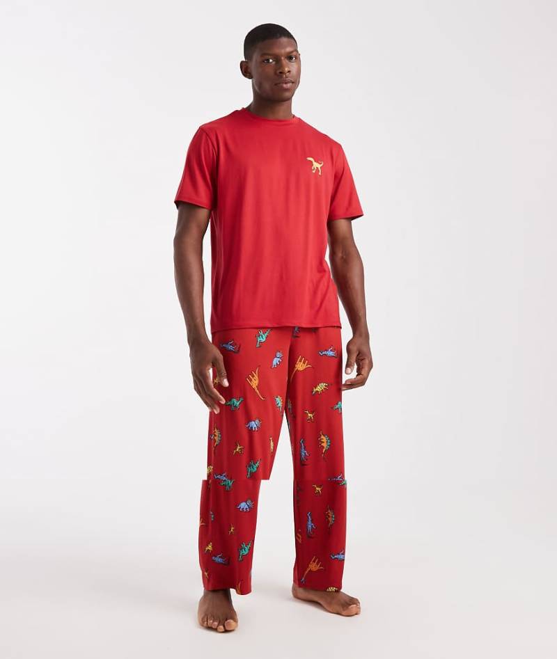 Urban Threads - Pyjama in Rot mit Dinosaurier-Muster, bestehend aus T-Shirt und Hose von Urban Threads