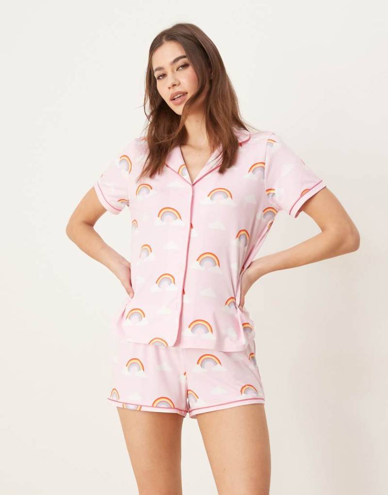 Urban Threads - Pyjama mit kurzärmligem Hemd mit Reverskragen und Shorts mit Regenbogenprint-Bunt von Urban Threads