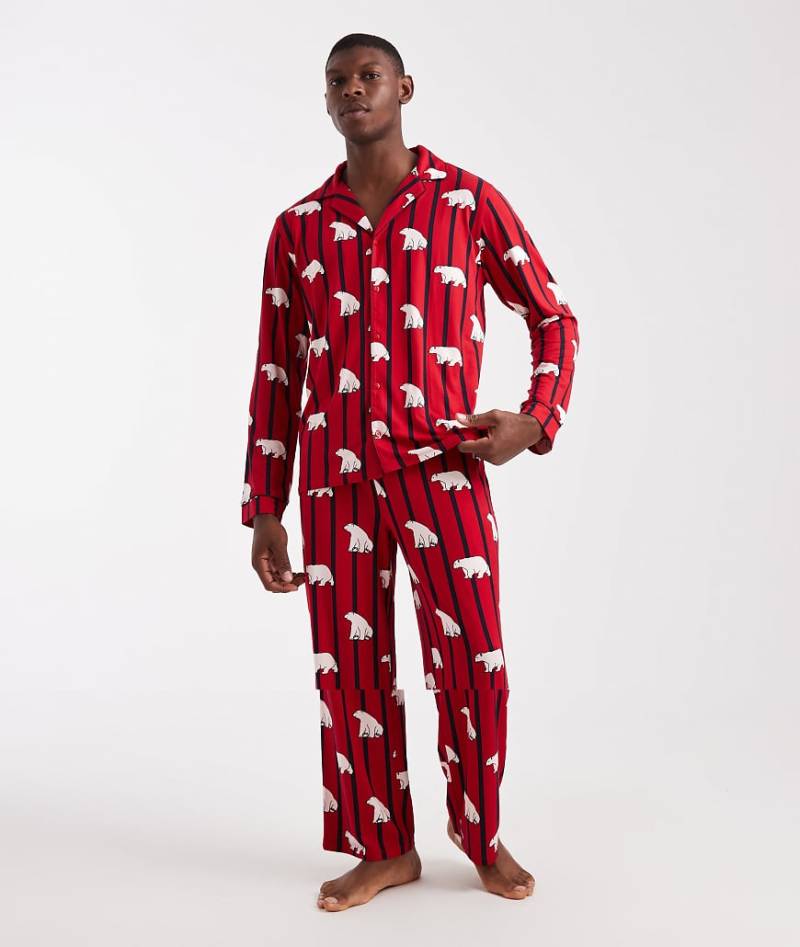 Urban Threads - Weihnachten - Langärmliges Hemd mit Reverskragen und Hose mit gestreiftem Eisbärmuster-Rot von Urban Threads